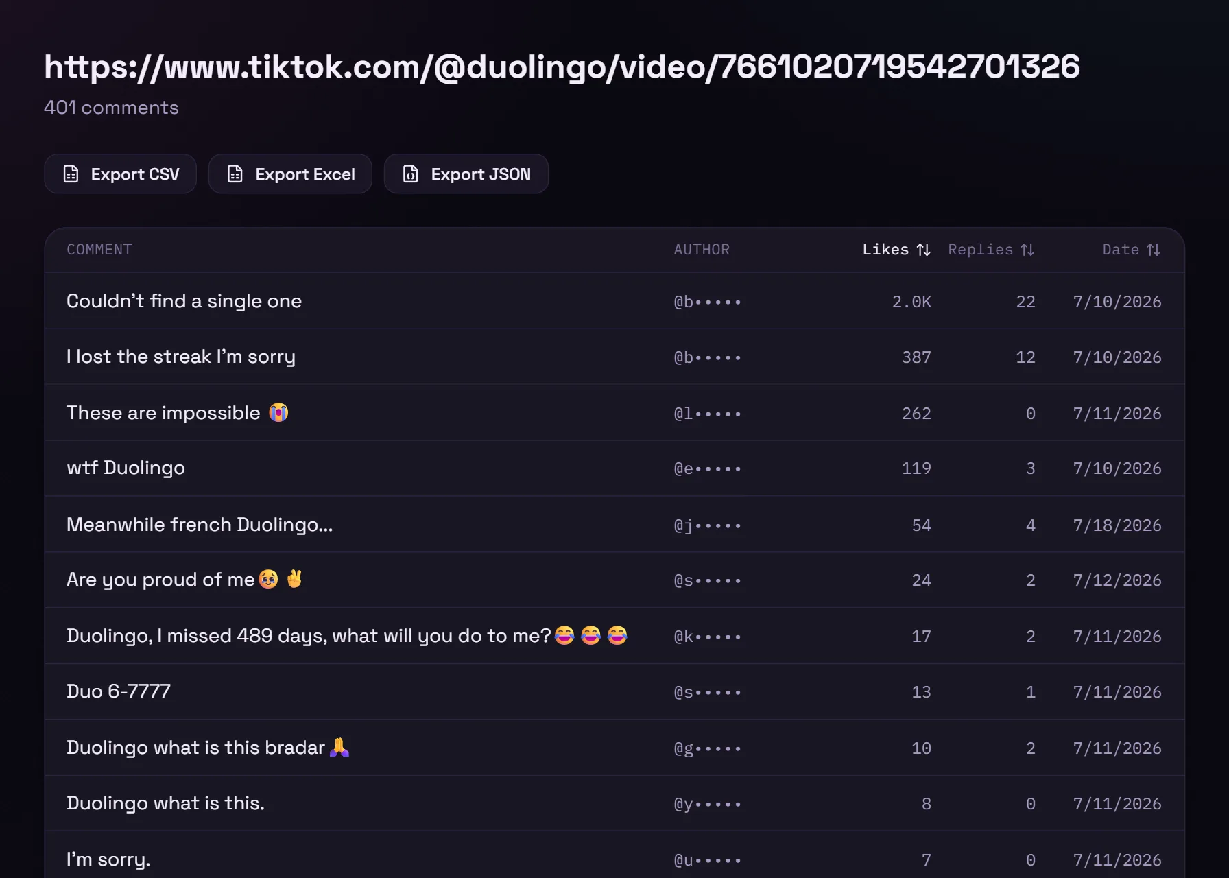 tikklip comment export of a TikTok video: 401 comments with like and reply counts and dates, commenter handles masked